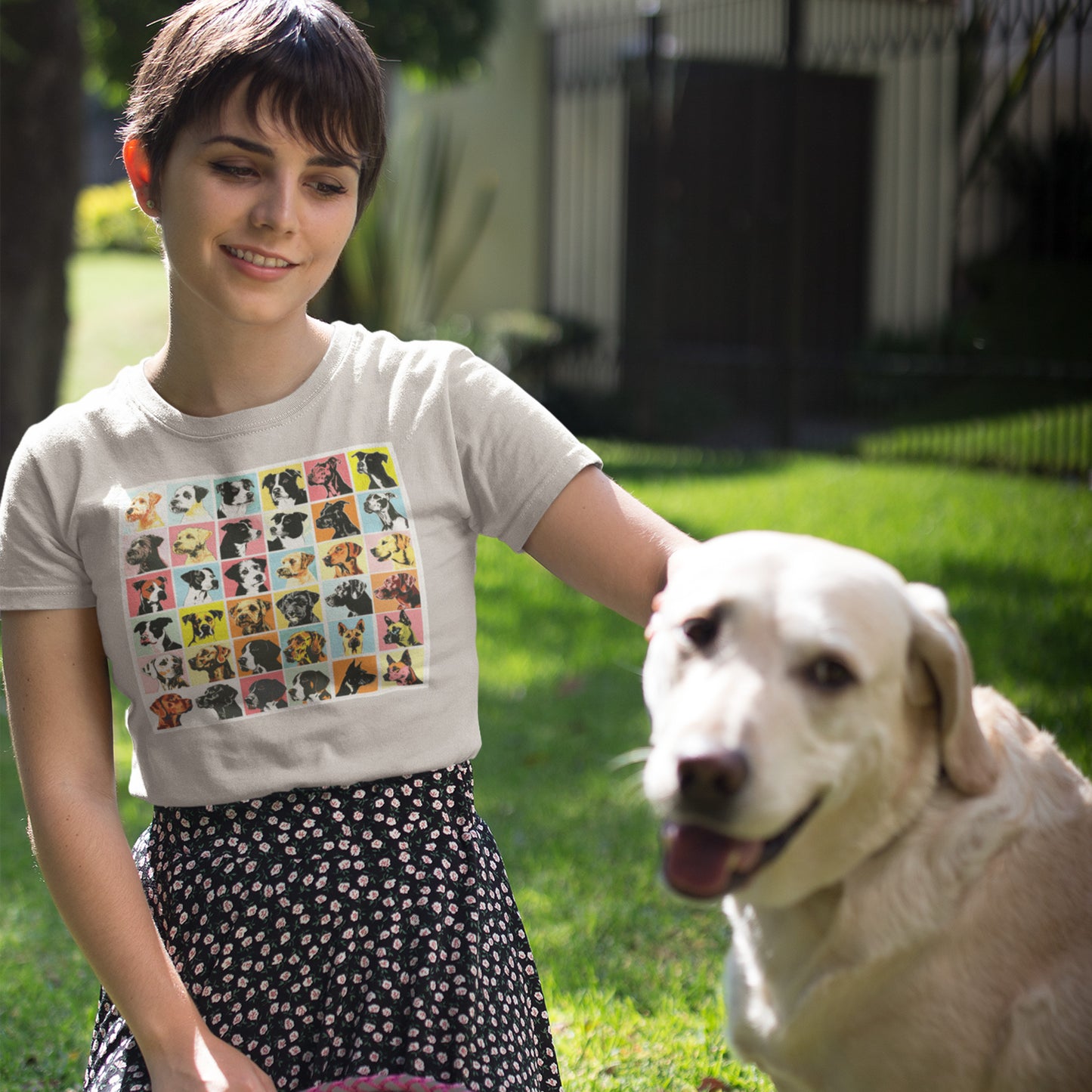 Patrick Nagel-Inspired Multi Dog Squares T-Shirt