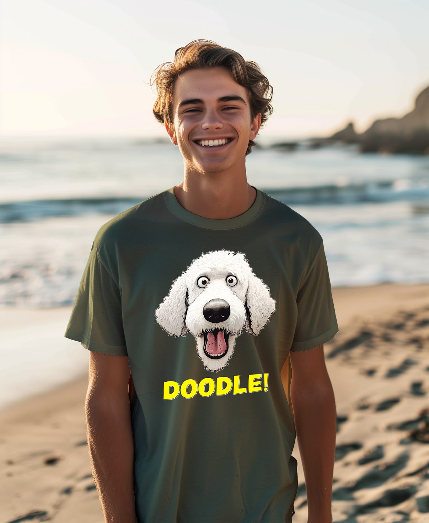 Young man wearing military green DOODLE! t-shirt